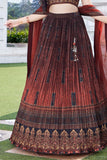 Brown Printed Crop Top with Pleated Lehenga and Dupatta For Girls