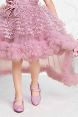 Pink Net Party Wear Tailback Frock Embellished With Floral For Girls - Lagorii Kids