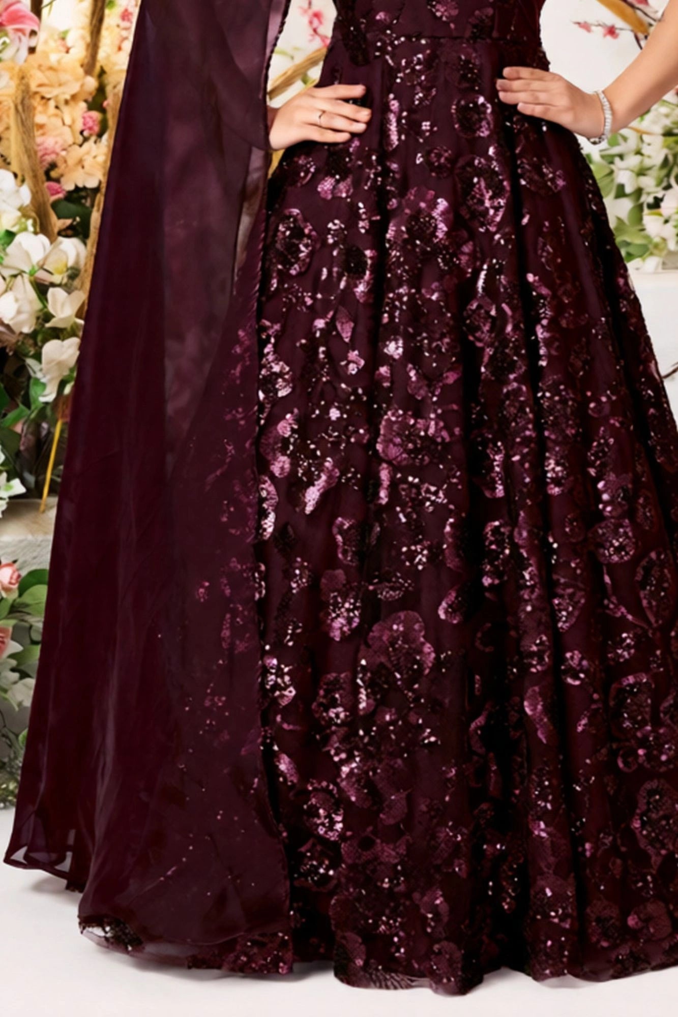 Wine Sequin Party Gown with One-Shoulder Cape & Floral Appliqué For Girls