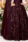 Wine Sequin Party Gown with One-Shoulder Cape & Floral Appliqué For Girls