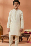 Cream Embroidered Linen Kurta Set For Boys