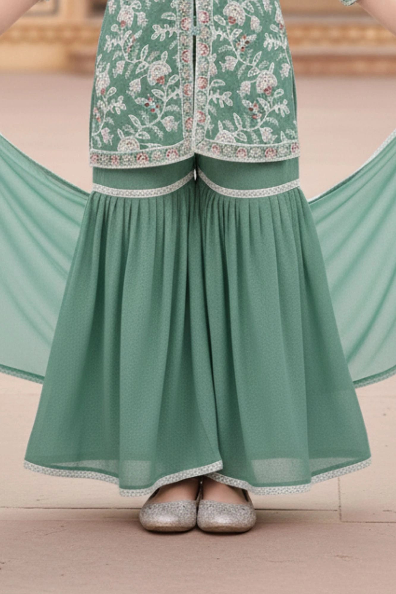 Sea Green Thread Embroidered Short Kurti with Sharara and Dupatta For Girls