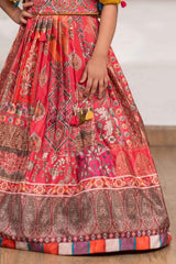 Mustard Yellow Sequins And Mirror Work With Floral Printed Lehenga Choli For Girls