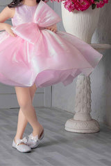 Pink Shimmer Organza Frock With Bow Embellishment For Girls - Lagorii Kids