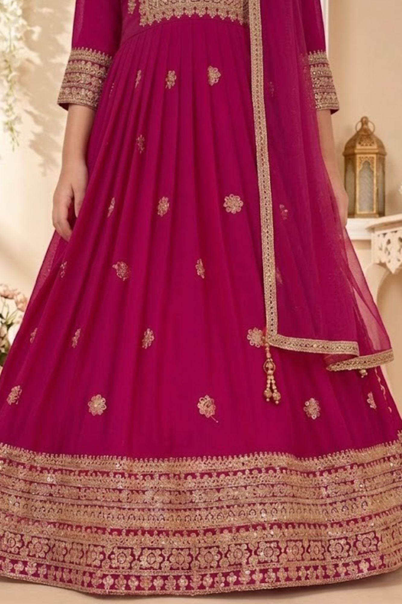 Rani Pink Embroidered Anarkali Ethnic Gown with Dupatta For Girls