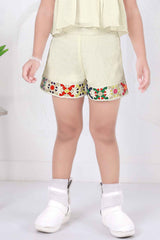 Cream Crochet Embellished Top and Shorts Set For Girls