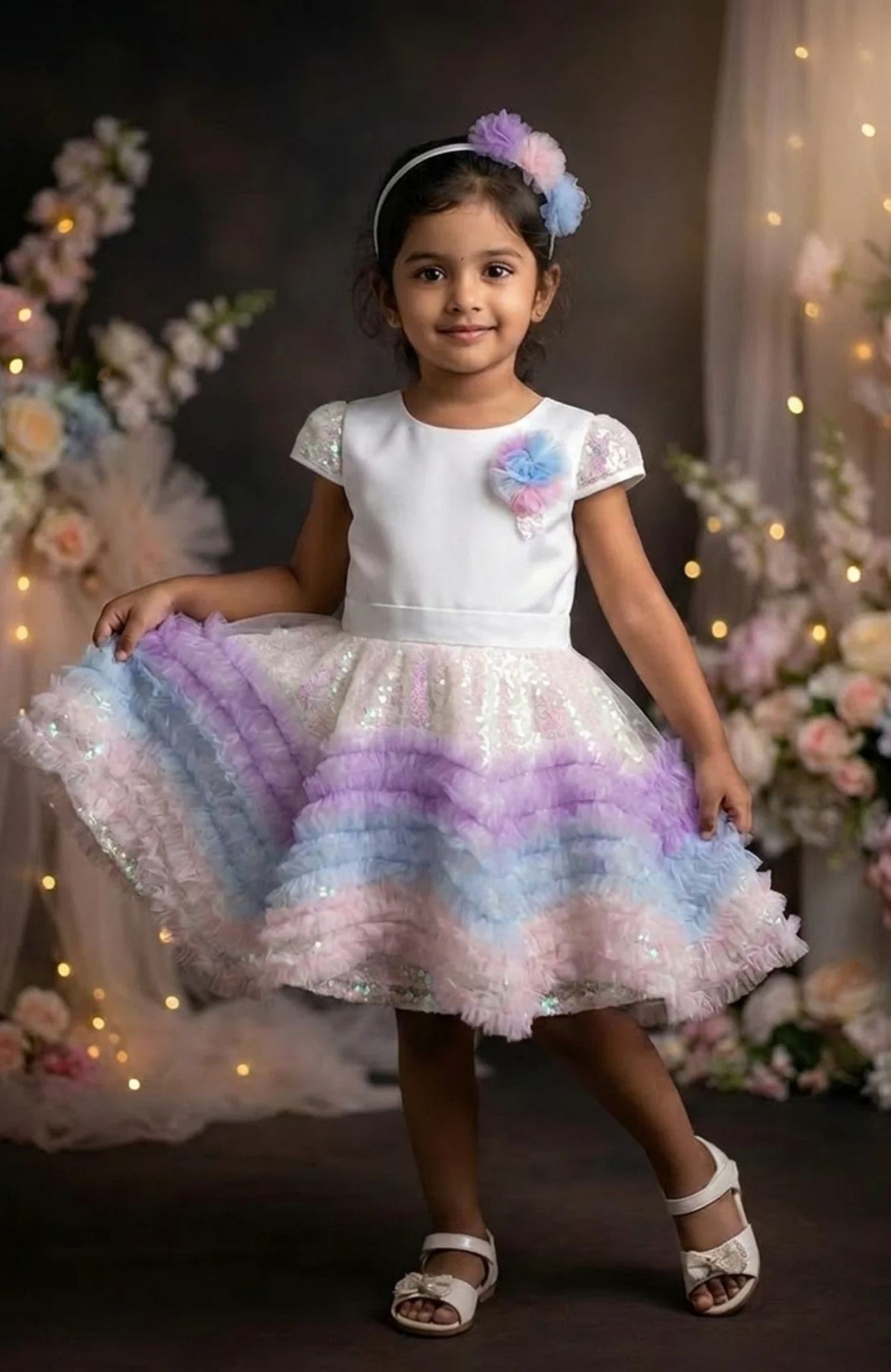 Girls White Rainbow Ruffle Party Frock with Sequin Flare
