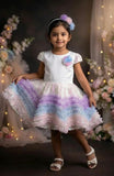 Girls White Rainbow Ruffle Party Frock with Sequin Flare