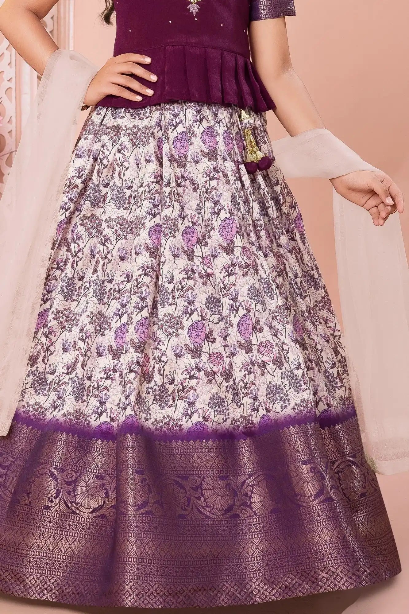 Purple Printed Pattu Pavadai Set with Zari Work For Girls