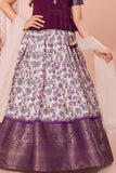 Purple Printed Pattu Pavadai Set with Zari Work For Girls