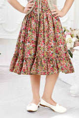Stylish Peach Floral Printed Frock With Waist Coat For Girls