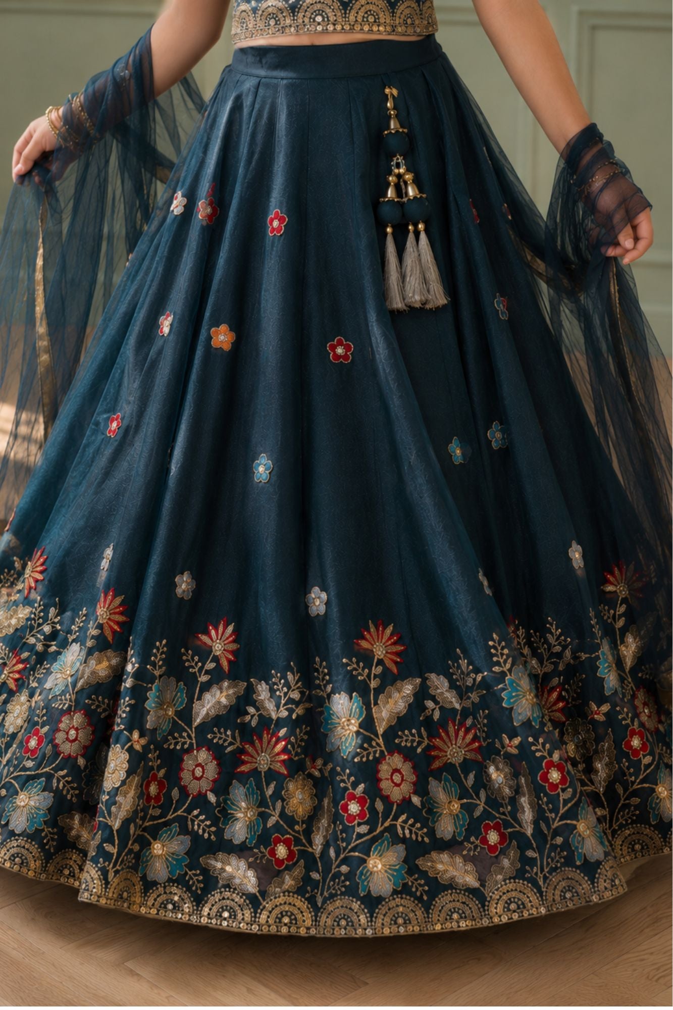 Deep Teal Blue Embroidered Lehenga Choli Set with Net Dupatta For Girls