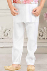 White Kurta Set With Floral Printed Overcoat For Boys