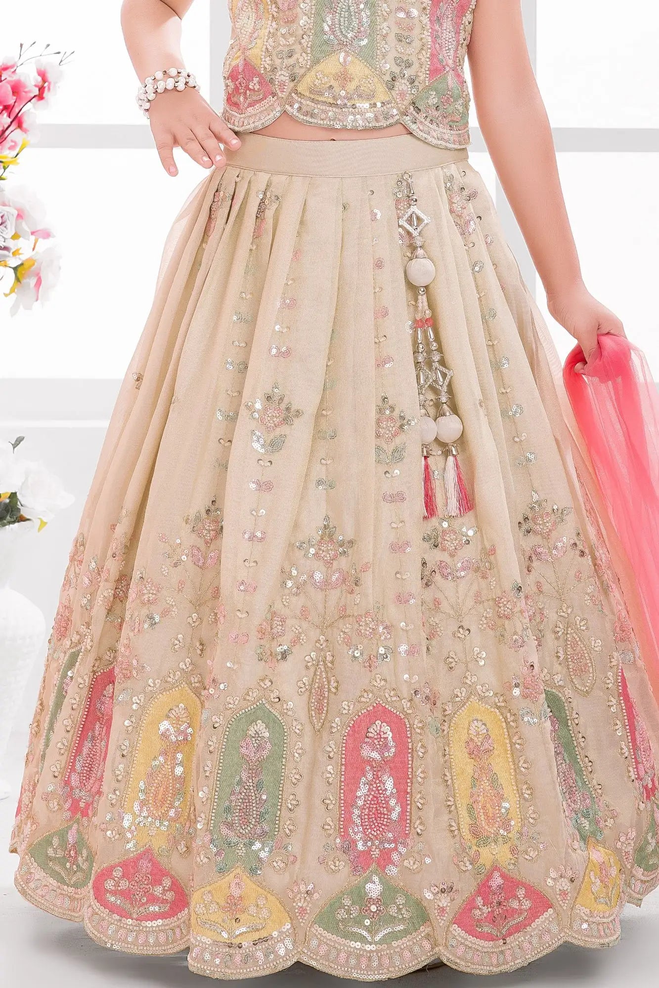 Fawn Embroidered Lehenga Choli Set For Girls