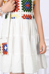 White Casual Frock With Crochet Work For Girls