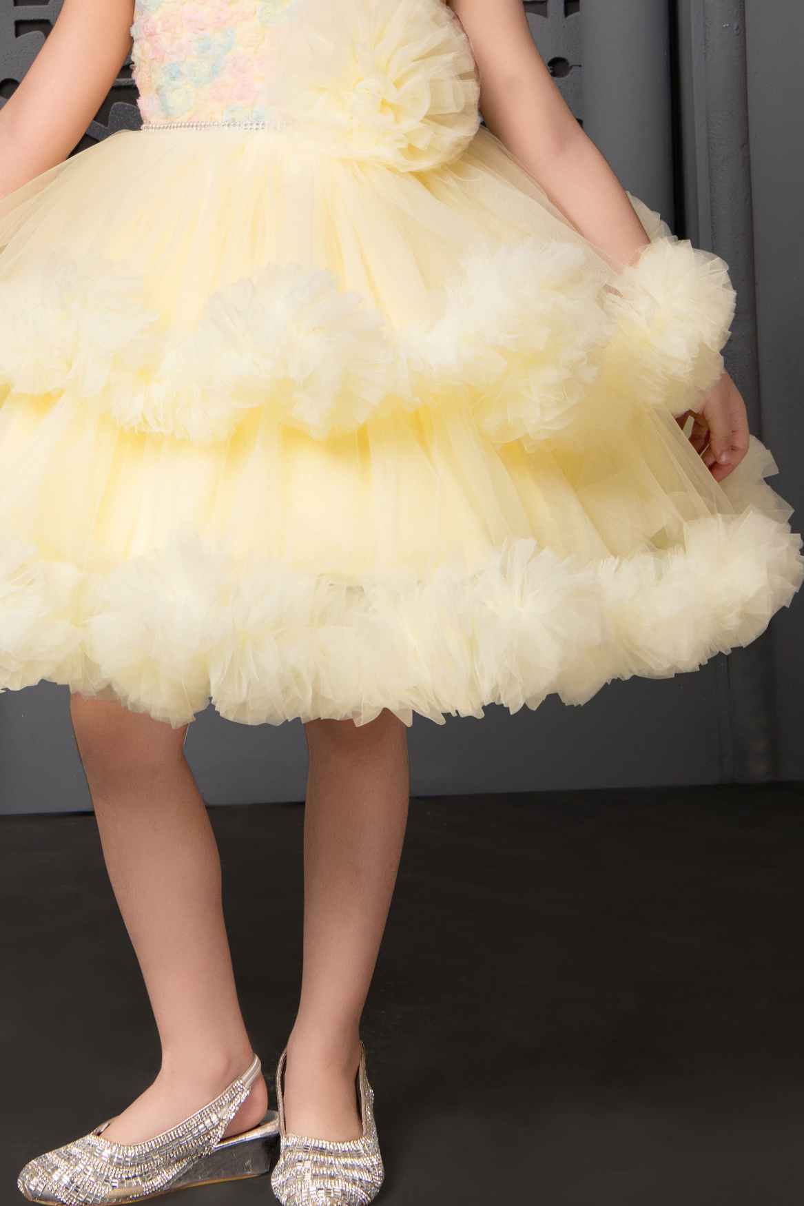 Lemon Yellow Frock With Floral Embellishment For Girls