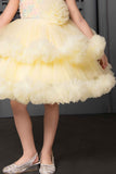 Lemon Yellow Frock With Floral Embellishment For Girls