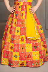 Yellow Jaipuri Printed And Embroidery Gown With Dupatta Sets For Girls