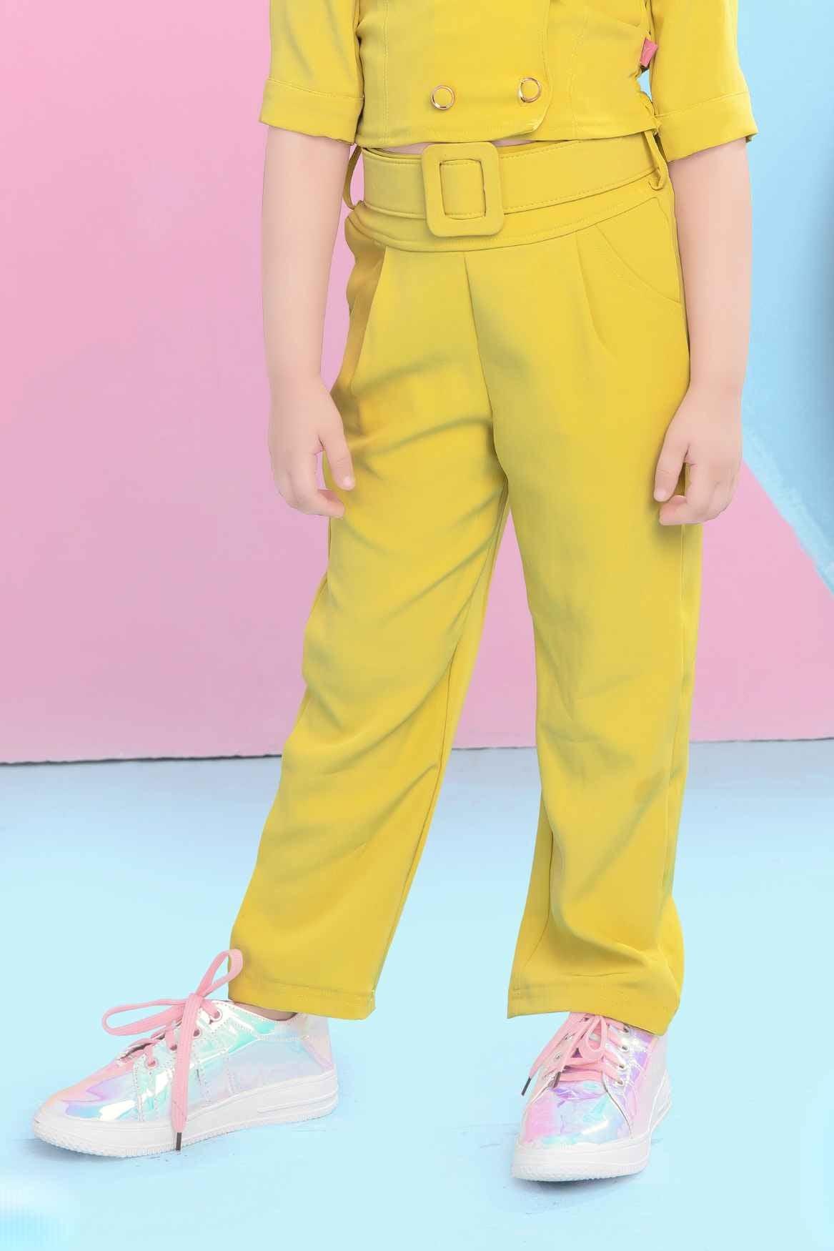 Trendy Mustard Monochrome Co ord set with Double Breasted Top For Girls - Lagorii Kids