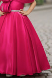 Rani Pink Off-Shoulder Pleated Bow Party Gown For Girls