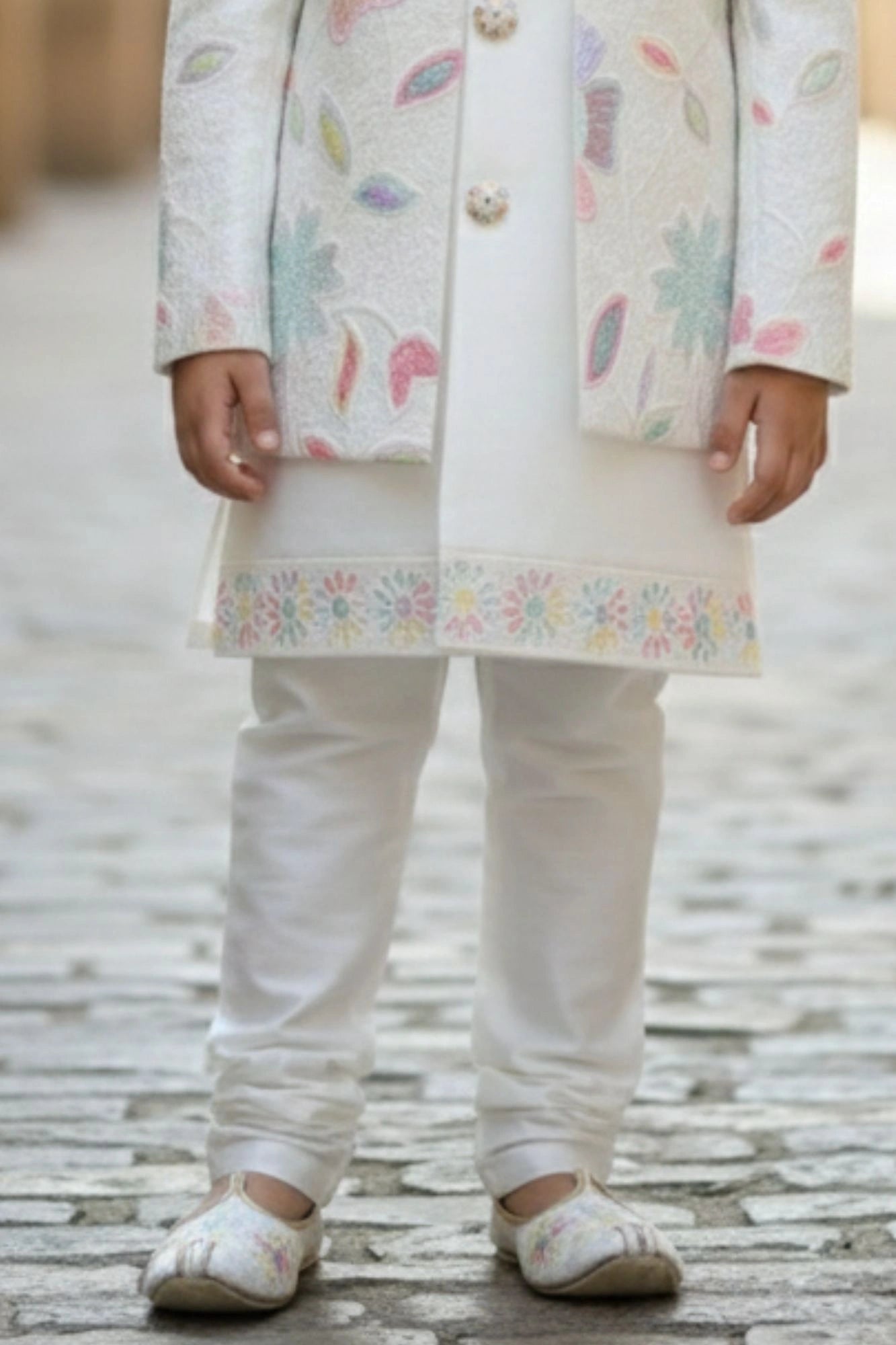Ivory Pastel Sequins Embroidered Sherwani Set with Jacket For Boys