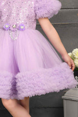 Designer Purple Sequin Partywear Net Ruffled Frock For Girls