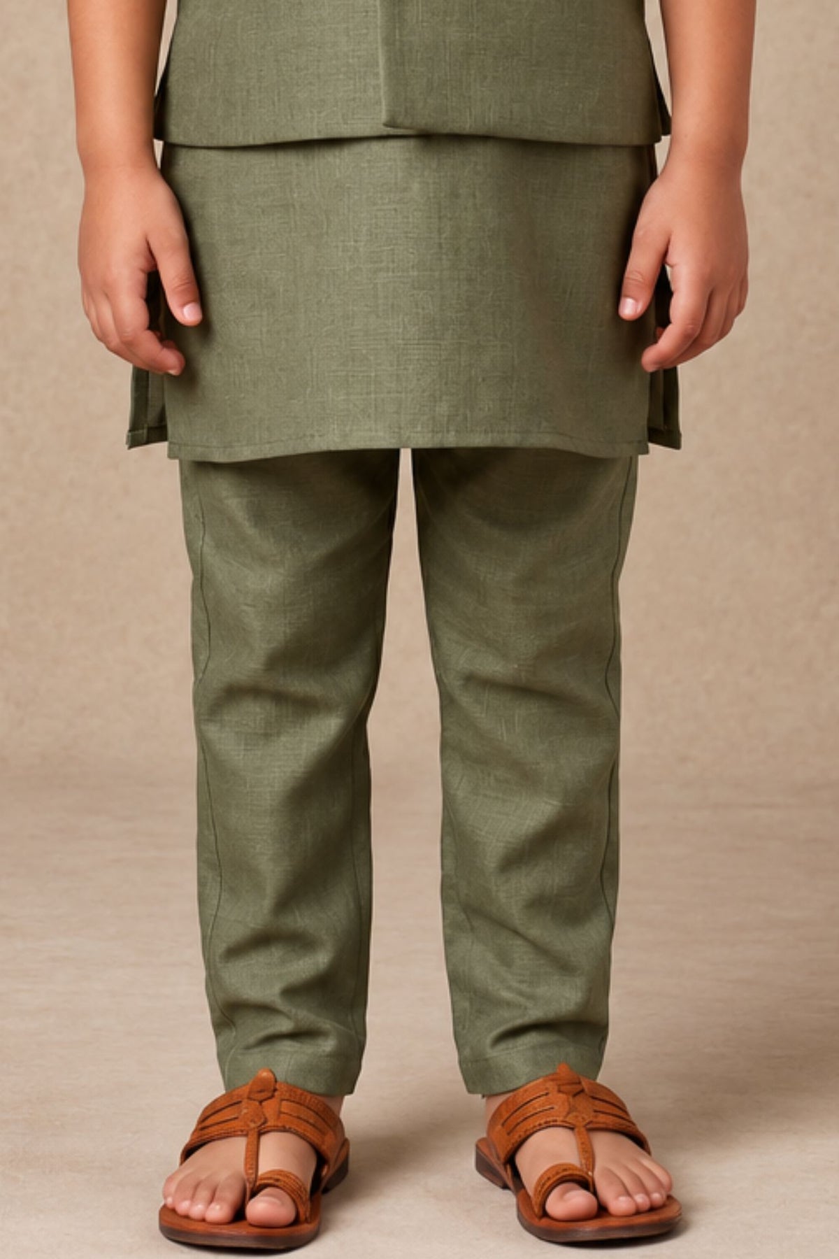 Boys Elegant Mehndi Green Embroidered Kurta Set With Nehru Jacket