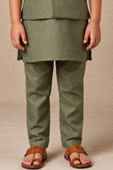 Boys Elegant Mehndi Green Embroidered Kurta Set With Nehru Jacket