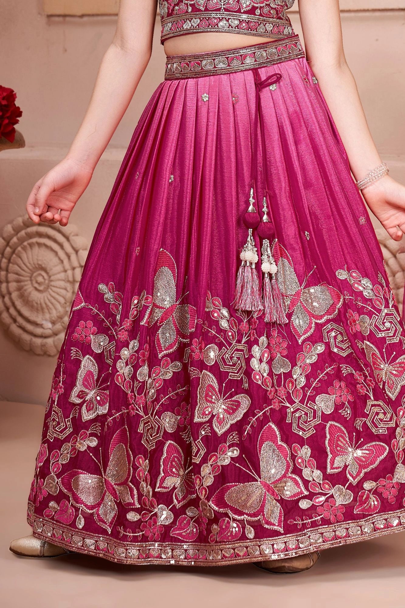 Rani Pink Butterfly Embroidered Lehenga Choli Set For Girls
