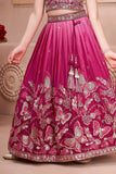Rani Pink Butterfly Embroidered Lehenga Choli Set For Girls