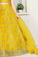 Yellow Sleeveless And Printed With Mirror Worked Lehenga Choli Set For Girls