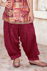 Rani Pink Brocade Kurta With Patiala Bottom For Girls