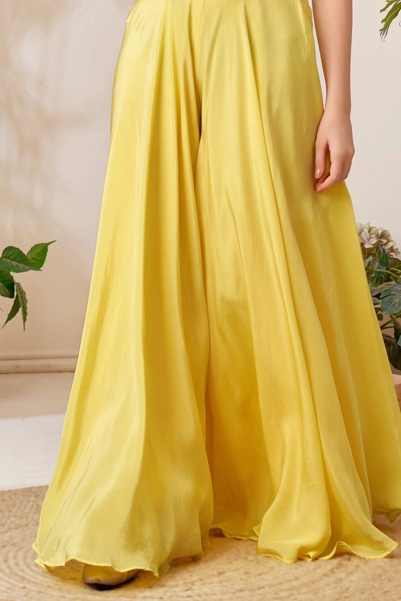 Yellow Embroidered Floral Crop Top with Flowing Palazzo For Girls