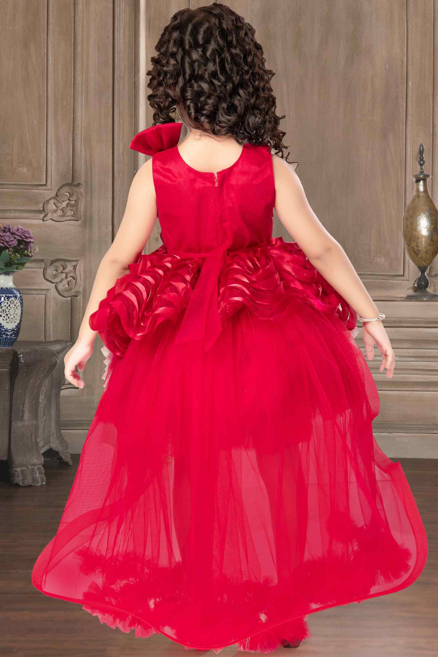 Rani Pink Shimmer Tailback Party Wear Frock With Ruffle Layers For Girls