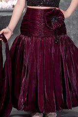Girls Wine Maroon Embellished Lehenga Choli Set with Floral Applique Dupatta
