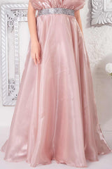 Designer Peach With Ruffled Satin Gown For Girls - Lagorii Kids