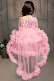 Peach Shimmer Tailback Party Wear Frock With Ruffle Layers For Girls
