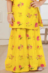 Yellow Sequins Work And Embroidered Sharara Set With Floral Printed For Girls