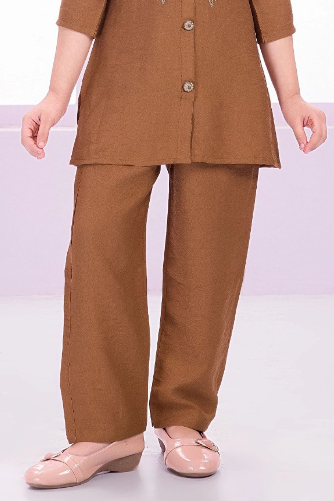 Brown Casual Top With Matching Straight Pant Set For Girls