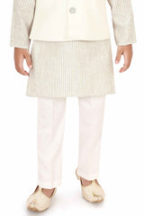 Cream And Khaki Striped Kurta With Pant And Waistcoat Set For Boys