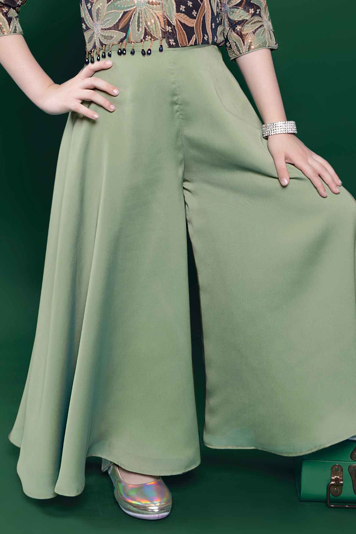 Elegant Green Sequins And Bead Work With Zari Embroidered Palazzo Set For Girls