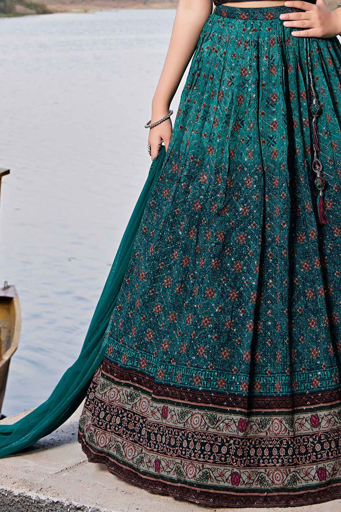 Teal Green Floral Printed Lehenga Choli Set