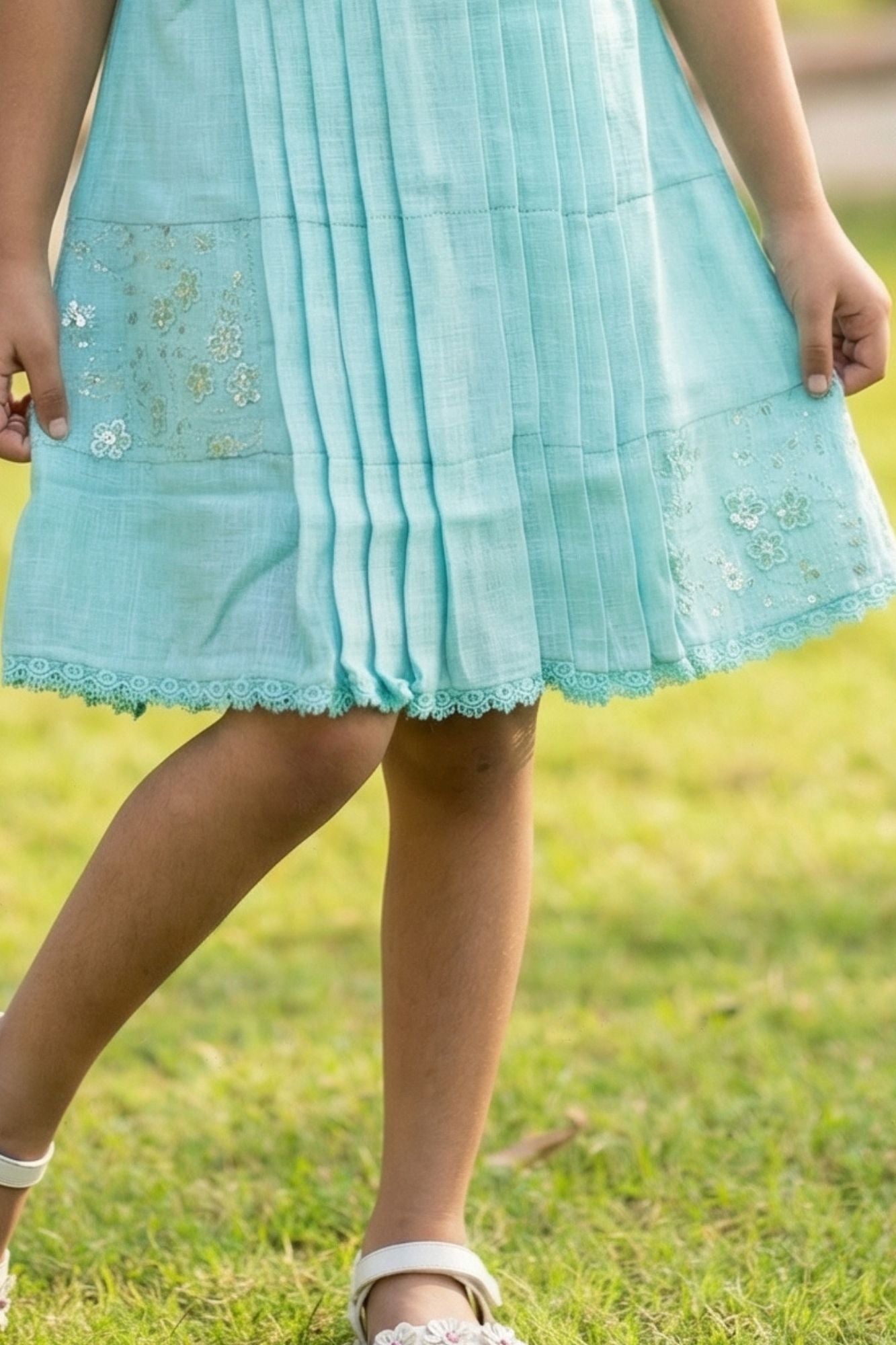 Light Blue Embroidered Pleated Frock For Girls