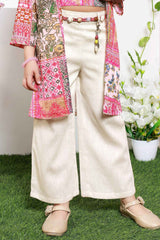 Pink Floral Printed Overcoat And Crop Top With Cream Pant Set For Girls