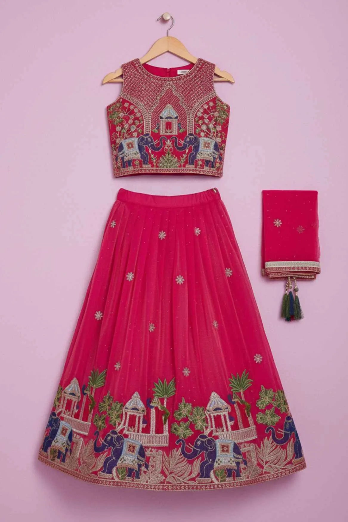 Pink Embroidered Lehenga Choli Set with Dupatta & Tassel Detail For Girls