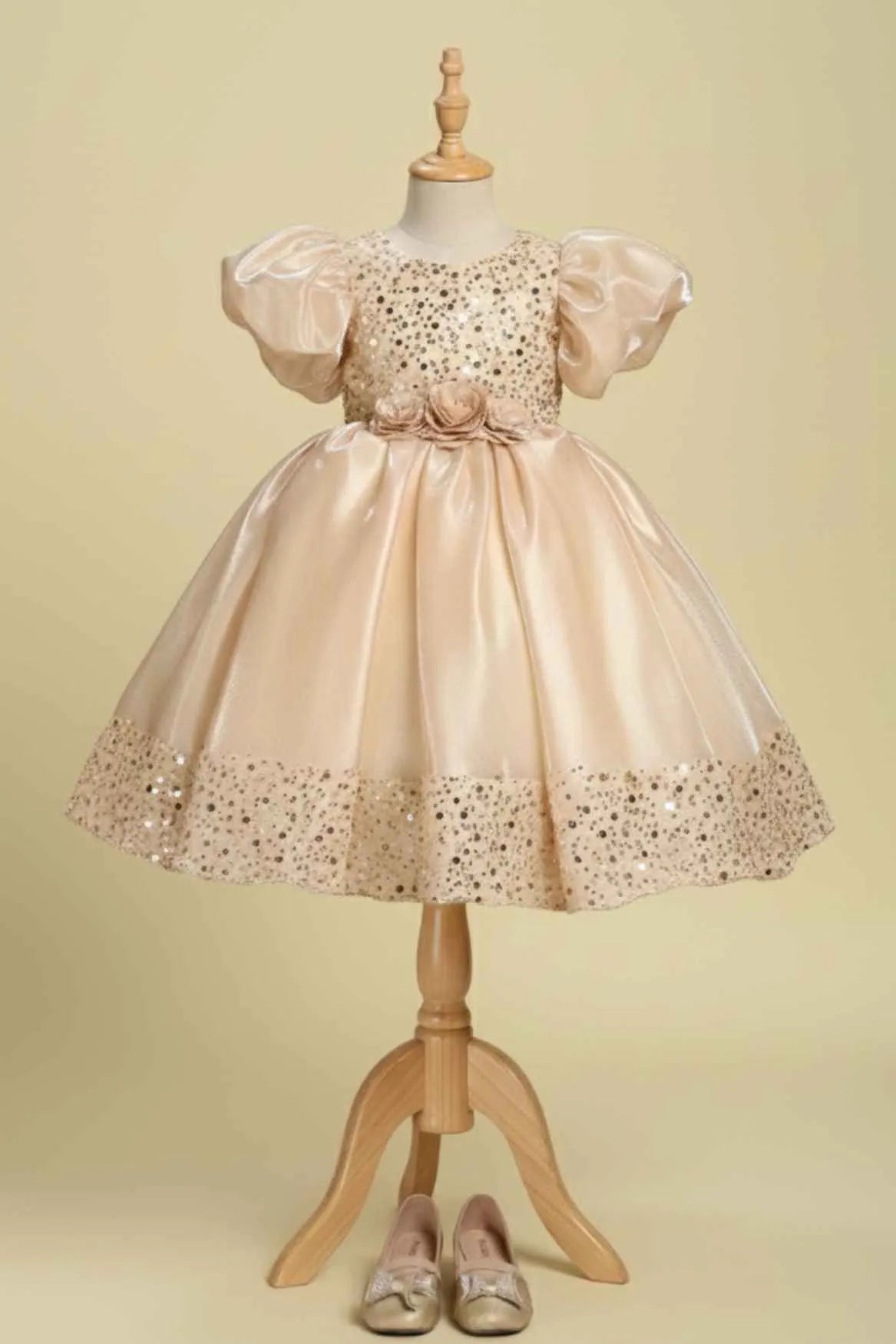 Golden Sequin Party Wear Frock with Puffy Sleeves and Floral Waist Detail For Girls