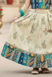 Cream And Blue Floral Print And Traditional Patchwork Lehenga Choli For Girls