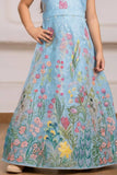 Blue Floral Embroidered Gown For Girls