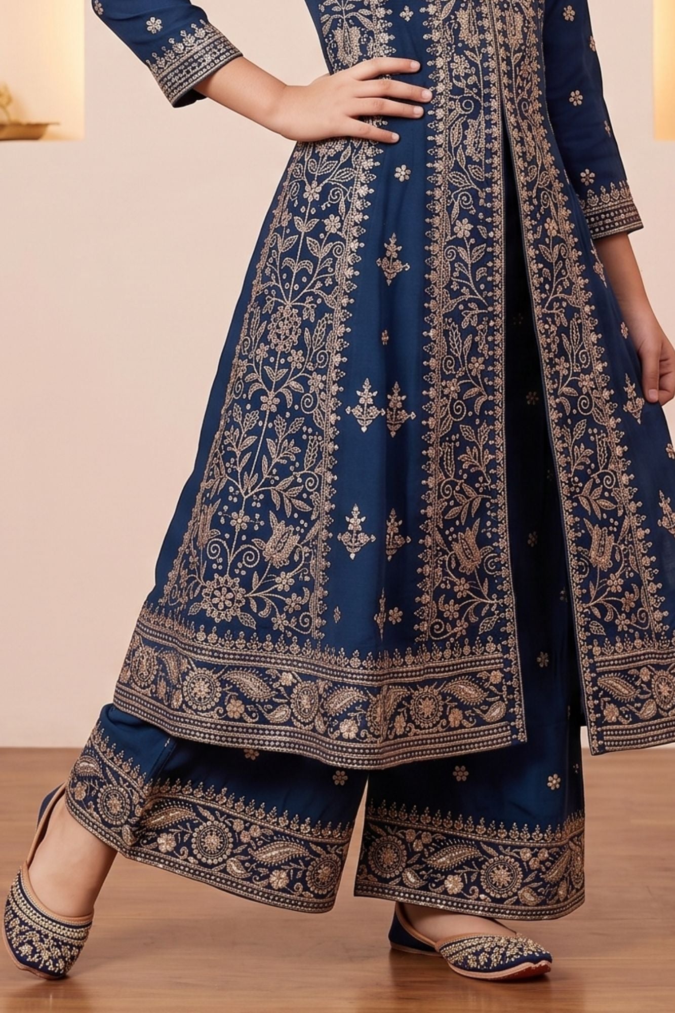 Navy Blue Zari Embroidered Palazzo Set For Girls
