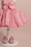 Peach Party Wear Frock with 3D Floral Appliqué and Bow Accent For Girls